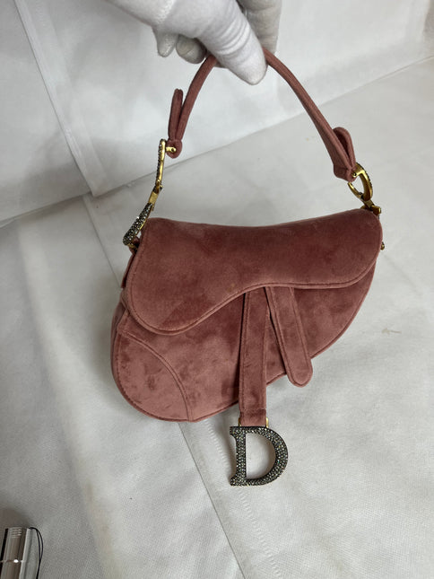 Dior Saddle Mini Pink Velvet Handbag with Crystals