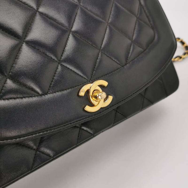 Chanel Diana CC Flap Bag 1994 Vintage Black Lambskin Leather with 24k Gold Hardware