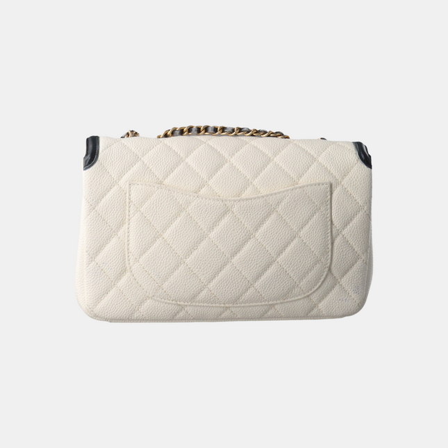 Chanel Filigree Flap Bag Caviar Leather Small White with Black Trim