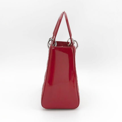 Sold Lady Dior Medium Red Burgundy Patent Leather Handbag Silver Hardware