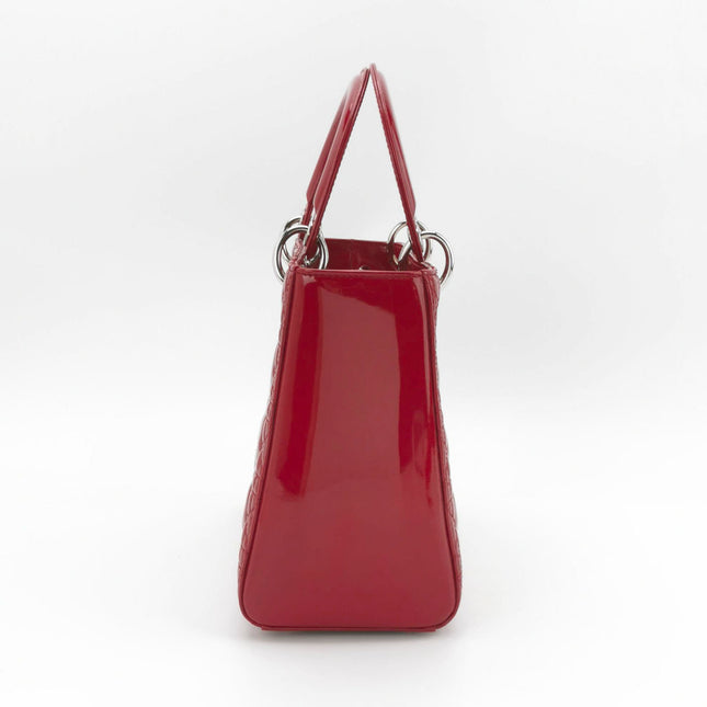 Sold Lady Dior Medium Red Burgundy Patent Leather Handbag Silver Hardware