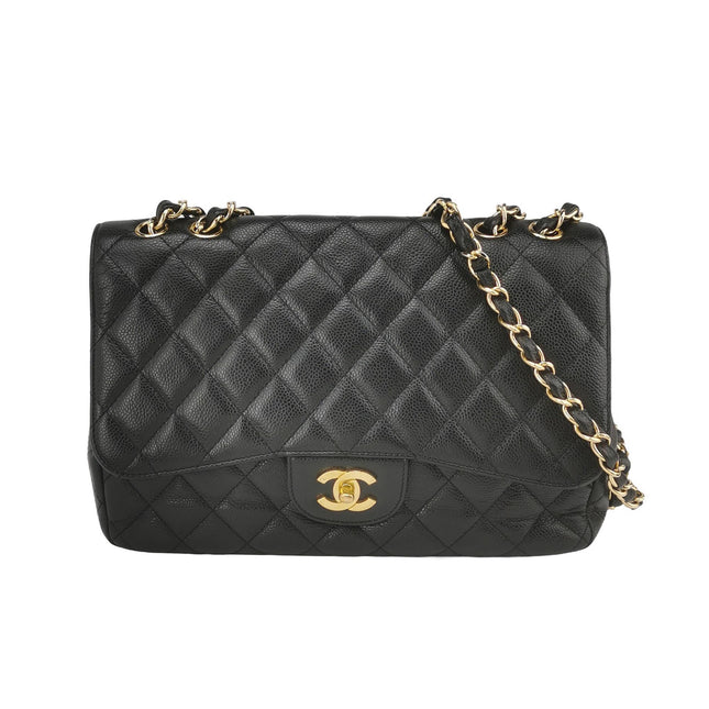 Chanel Classic Flap Jumbo Black Caviar Leather Single Flap 24k Gold Hardware 2008