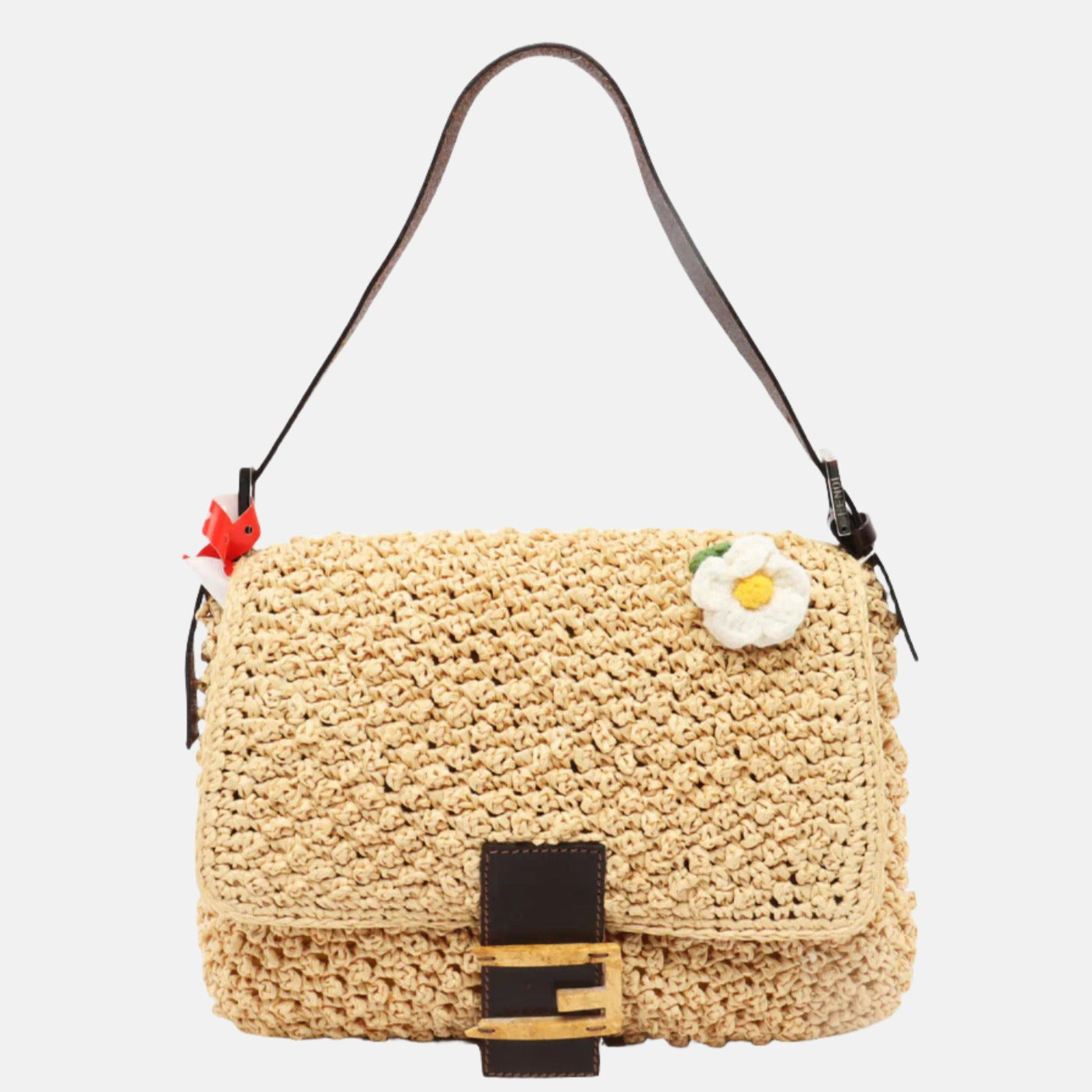 Fendi Mamma Baguette Raffia Crochet Shoulder Bag with Flower-Luxbags