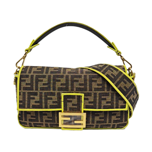 FENDI Baguette Zucca Monogram Canvas with Lime Neon trimming Crossbody Bag-Luxbags