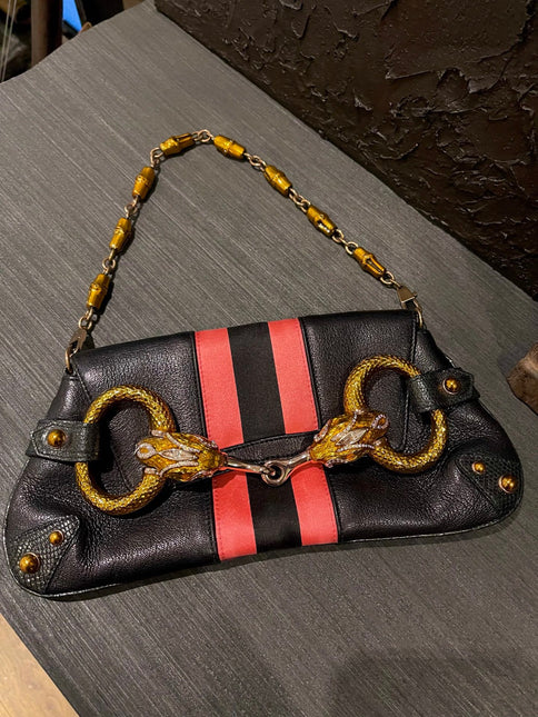 Gucci Horsebit 1955 Small Black Leather Embellished Snake Head Buckle