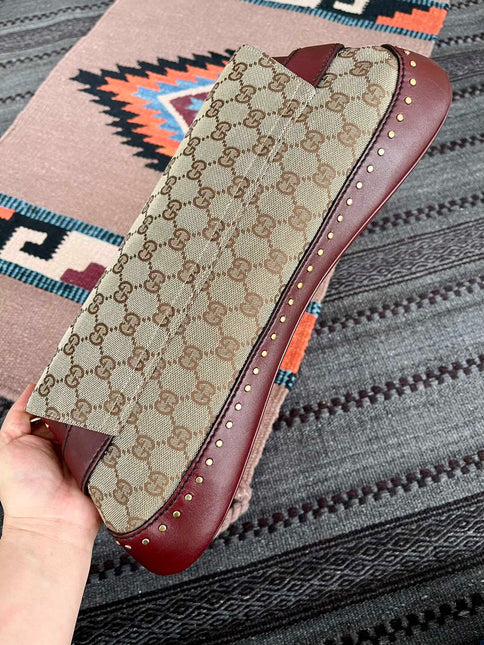 Gucci Horsebit 1955 Large Cloth Beige Monogram Burgundy Leather Shoulder bag