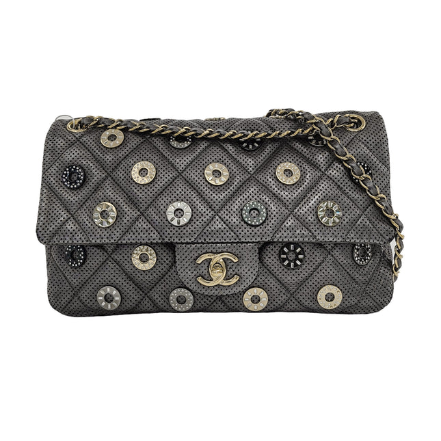 Chanel Paris-Dubai Jumbo Grey Perforated Lambskin Leather with Buttons Gold Hardware-Luxbags