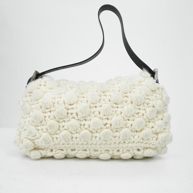 Sold Fendi Baguette Bag White Wool Pompom Shoulder Bag