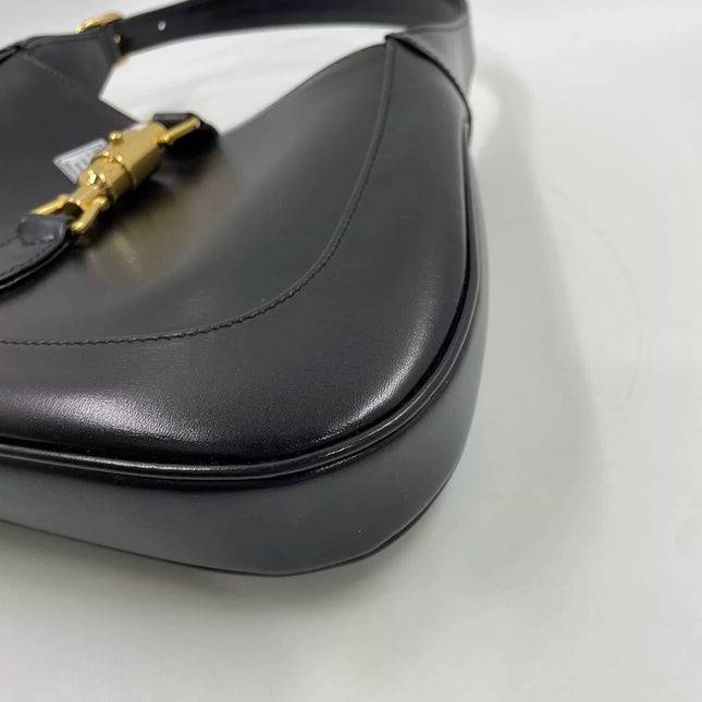 Gucci Jackie 1961 Black Leather Bag Small Piston Lock With Strap