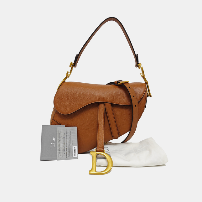 Dior Saddle 2022 Medium Tan Brown Grained Calfskin Leather Bag with Strap