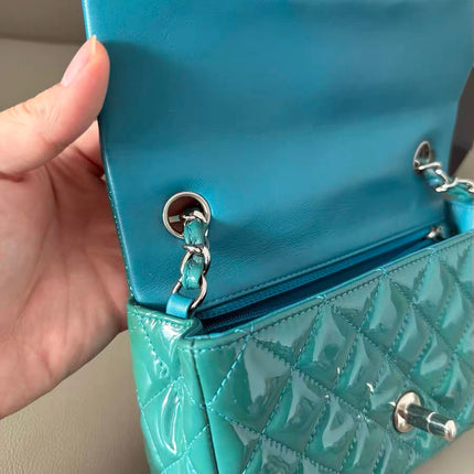 Chanel Classic Flap Rectangular Mini Blue Patent Leather Silver Hardware