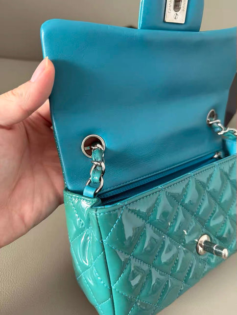 Chanel Classic Flap Rectangular Mini Blue Patent Leather Silver Hardware