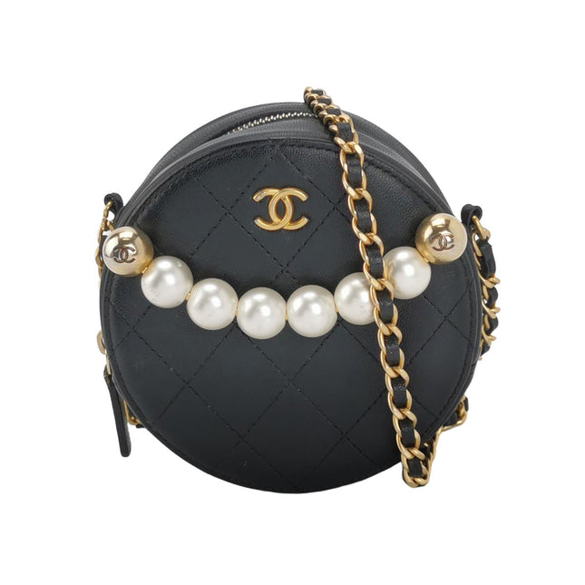 Chanel Round Black Lambskin Leather Crossbody Bag with Matelasse Chain and Pearls-Luxbags