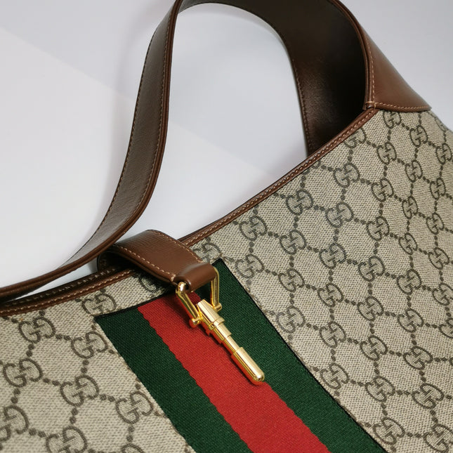 Gucci Jackie 1961 Large Brown Leather and Monogram Web with Long Strap