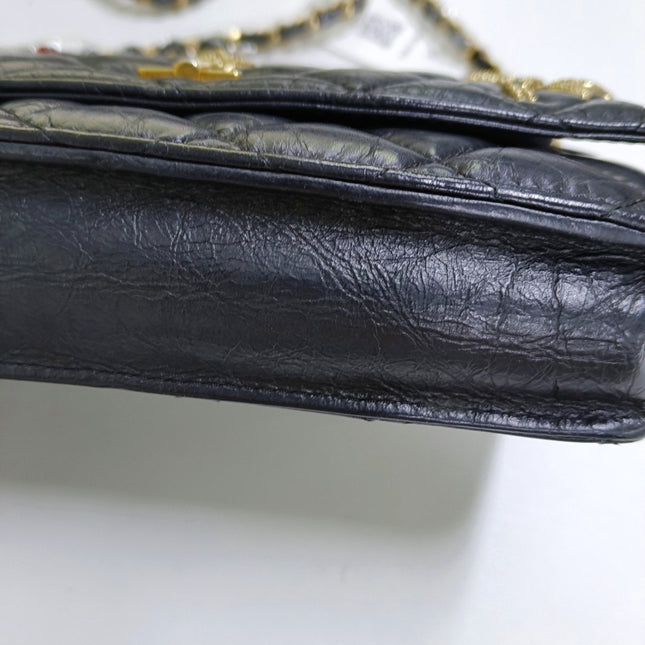 Chanel 2.55 Wallet on Chain Quilted Black Calfskin Leather Beatles Charms Gold Hardware