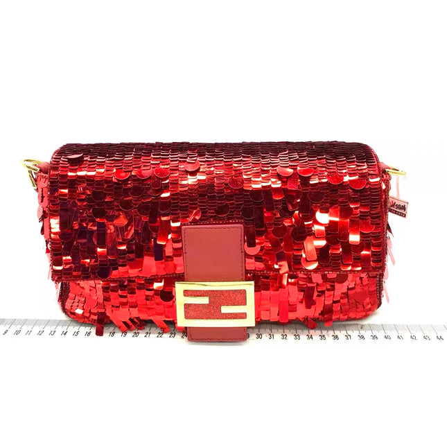 Fendi Baguette Medium Red Glitter Sequins Shoulder Bag-Luxbags