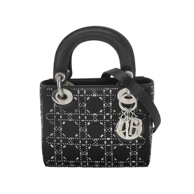 Lady Dior Mini Black Silk with Crystals Silver Hardware-Luxbags