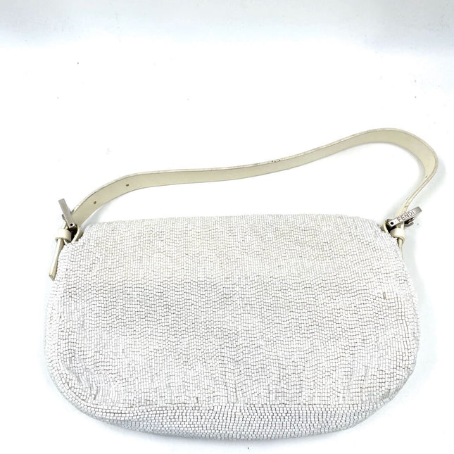 Fendi Baguette Vintage White Glitter Beads Brown Leather