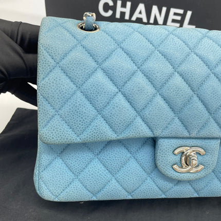 Chanel Timeless Classic Flap Medium Light Blue Caviar Leather Silver Hardware