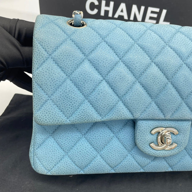 Chanel Timeless Classic Flap Medium Light Blue Caviar Leather Silver Hardware