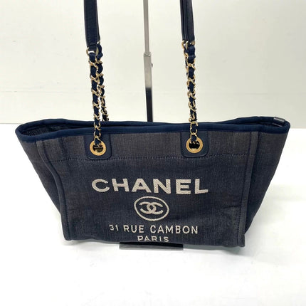 Chanel Deauville Tote Navy Denim Cloth Leather Chain Strap Small 34cm