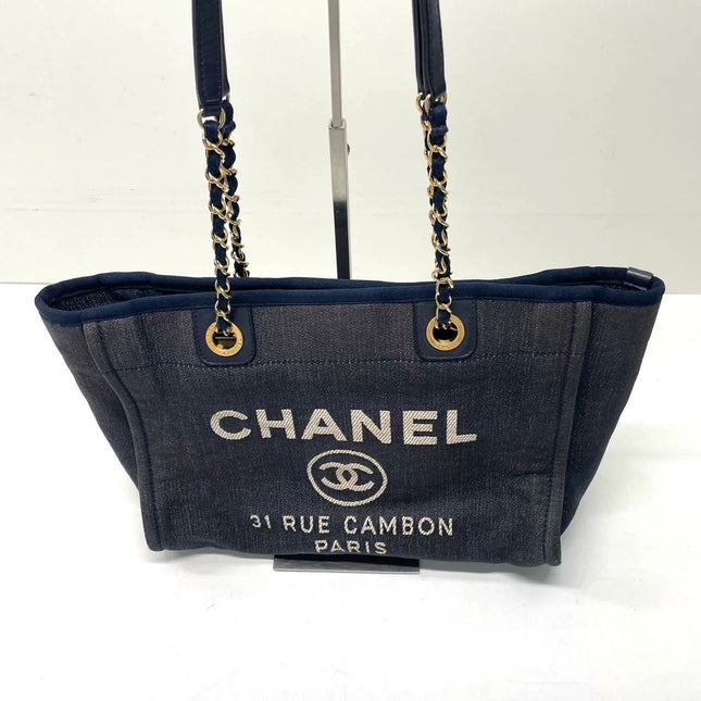 Chanel Deauville Tote Navy Denim Cloth Leather Chain Strap Small 34cm