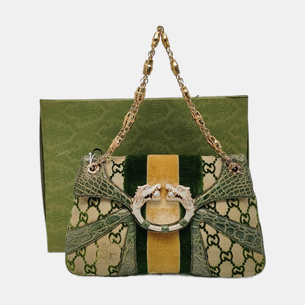 Gucci Jeweled Dragon Bag Green Crocodile and GG Velvet Bamboo Chain Strap Shoulder Bag