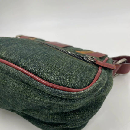 Dior Vintage Gaucho Mini Green Denim Burgundy Leather Crossbody Bag 2006