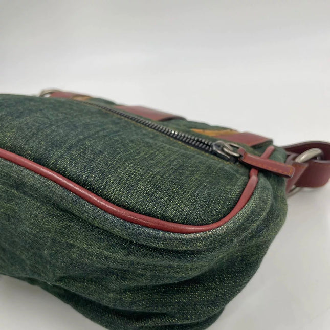 Dior Vintage Gaucho Mini Green Denim Burgundy Leather Crossbody Bag 2006