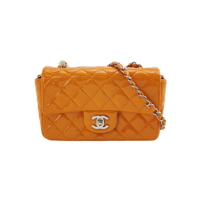 Chanel Classic Flap Mini Orange Patent Leather Silver Hardware-Luxbags