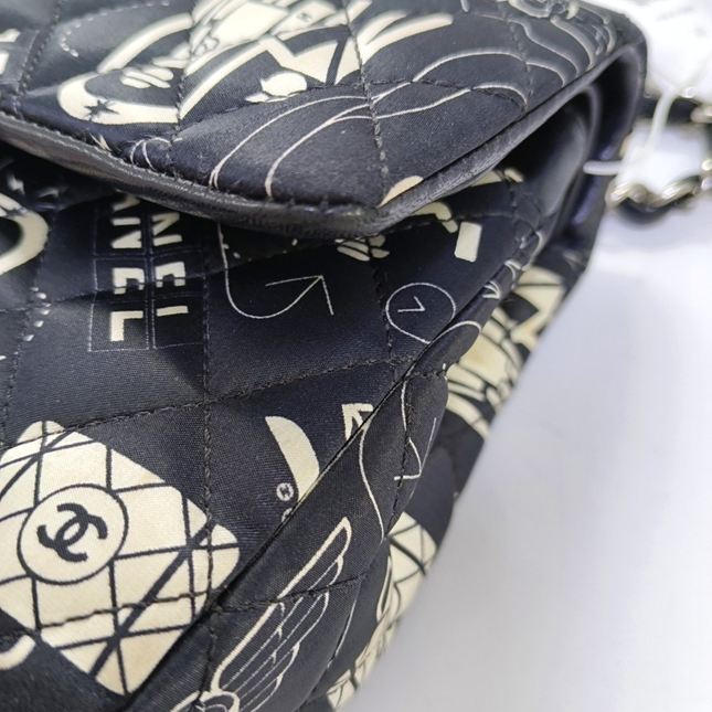 Chanel Satin Airline Printed Medium Double Flap Bag Black and White