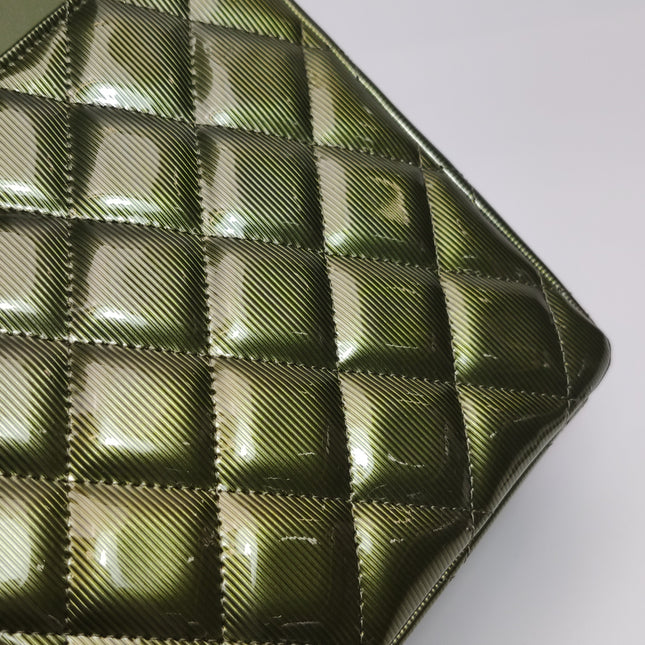 Chanel Classic Flap Maxi Metallic Green Patent Leather Double Flap Sliver Hardware 2012
