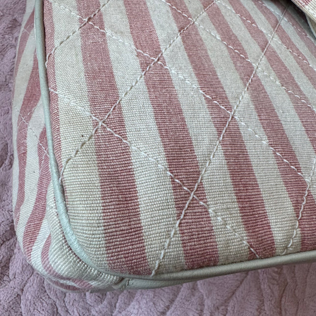 Chanel Vintage XXL Maxi Pink Striped Travel Flap Bag Canvas Gold Hardware