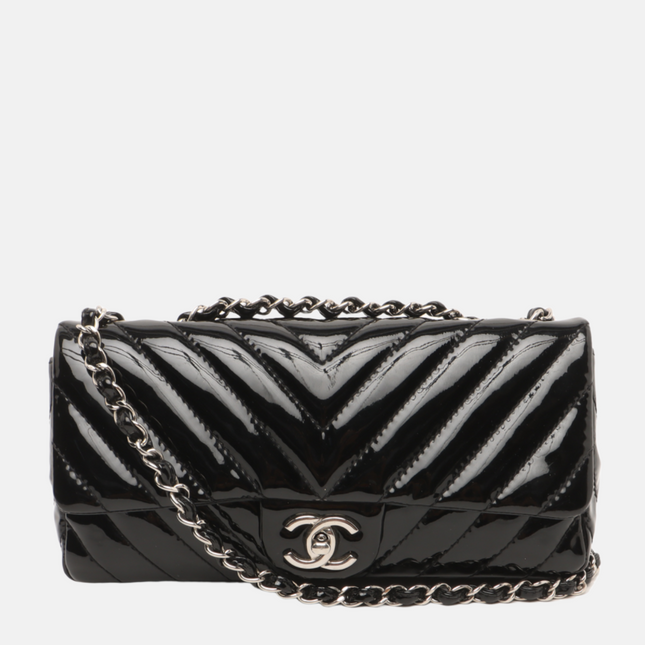 Chanel Baguette Flap Shoulder Bag Chevron Black Patent Leather Silver Double Chain-Luxbags