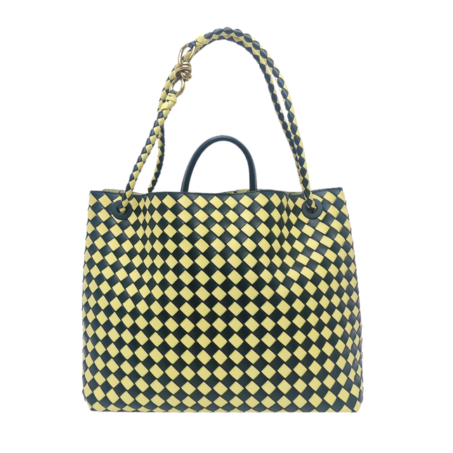 Bottega Veneta Andiamo Large Yellow and Green Checkered Intrecciato Leather Handbag-Luxbags