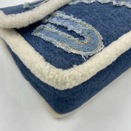 Chanel Blue Denim White Shearling Egyptian Hieroglyph Maxi Flap Bag Gold Hardware, 2019