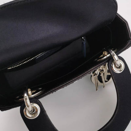 Lady Dior Mini Black Silk with Crystals Silver Hardware