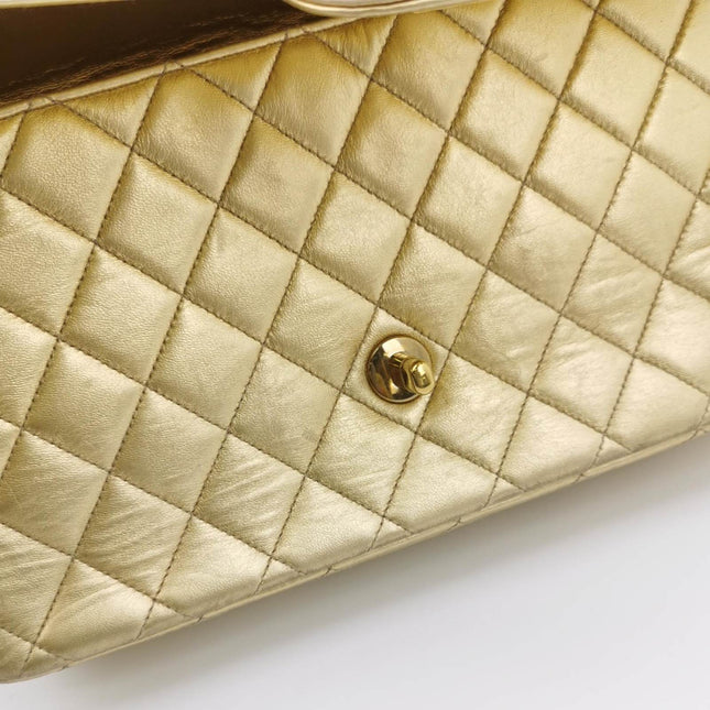 Sold Chanel 1994 Classic Flap Kelly Top Handle Bag Medium Metallic Gold Lambskin Leather