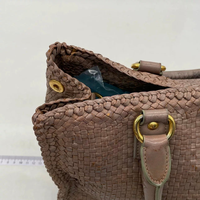 Prada Madras Brown Woven Leather Top Handle Shopping Tote Medium