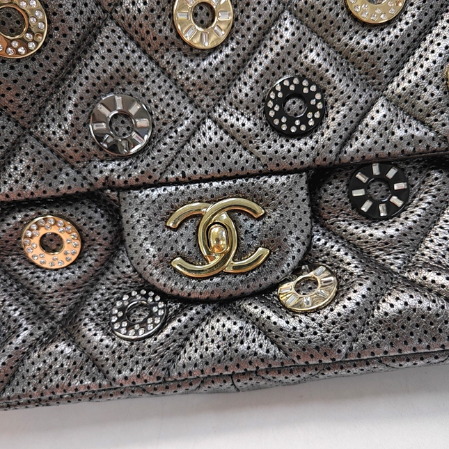 Chanel Paris-Dubai Jumbo Grey Perforated Lambskin Leather with Buttons Gold Hardware