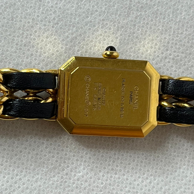 CHANEL 1987 Vintage PREMIERE Watch Medium Black Leather and 24KT Yellow Gold Plated