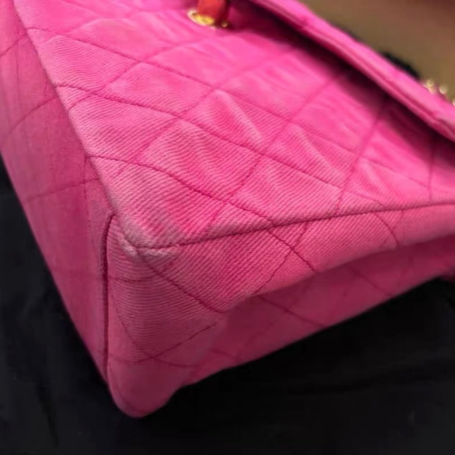 Chanel RARE Vintage Classic Maxi 34 Flap Hot Pink Denim Giant CC 24 Gold Hardware