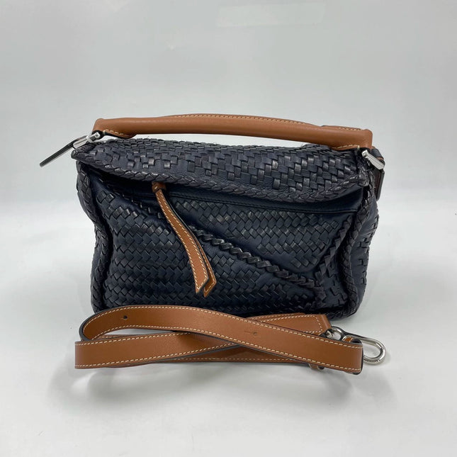 Loewe Puzzle Small Leather Woven Braided Navy Crossbody Bag
