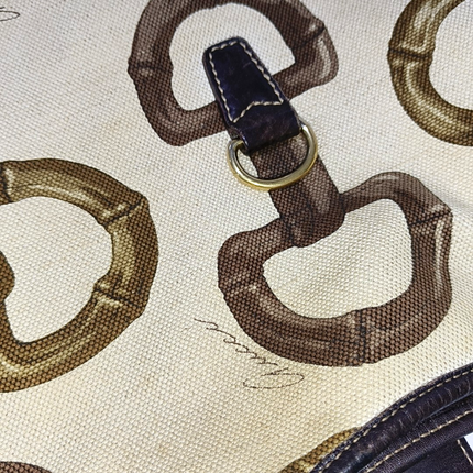 Gucci Jackie Vintage Medium Horsebit Print Cloth and Brown Leather Gold Hardware