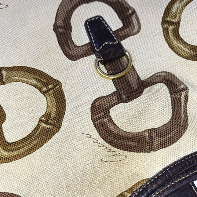 Gucci Jackie Vintage Medium Horsebit Print Cloth and Brown Leather Gold Hardware
