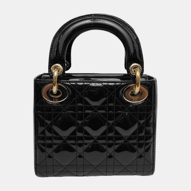 Lady Dior Mini Black Patent Leather Bag with gold hardware Chain Strap
