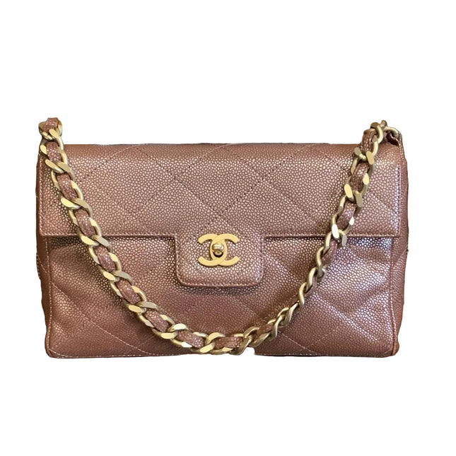 Chanel Vintage Medium Iridescent Brown Caviar Leather Shoulder Bag Gold Hardware-Luxbags