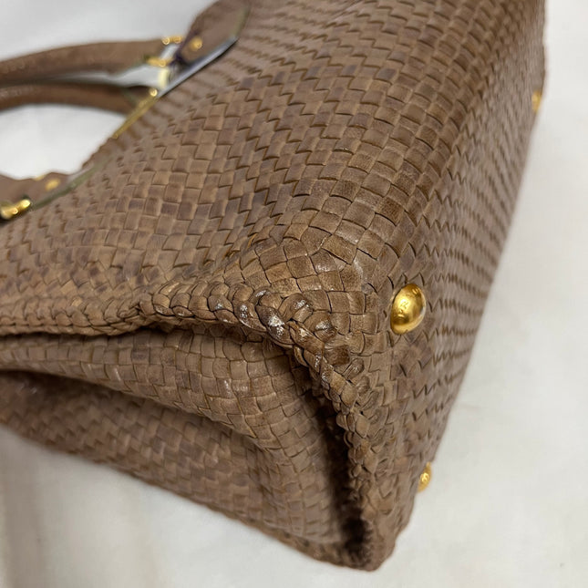 Prada Madras Brown Woven Leather Top Handle Shopping Tote