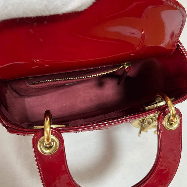 Lady Dior Mini Handbag 2019 Burgundy Red Patent Leather Gold-tone Chain Strap