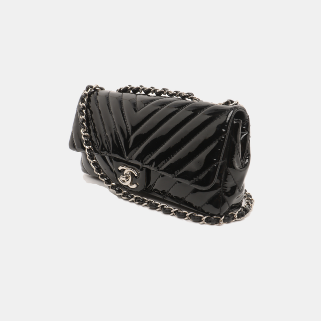 Sold Chanel Baguette Flap Shoulder Bag Chevron Black Patent Leather Silver Double Chain